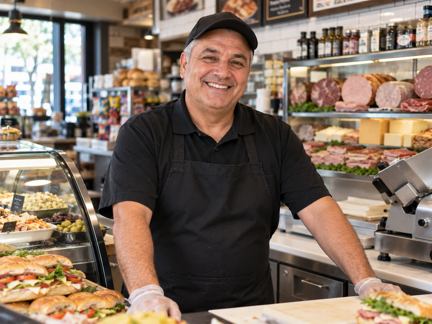 Shopkeeper smiling and holding an open sign at their store